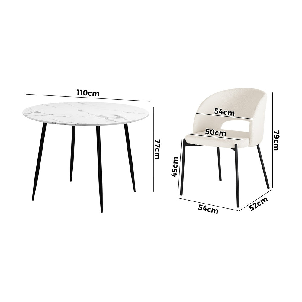 Oikiture 110cm Round Dining Table with 4PCS Dining Chairs Sherpa White-Dining Table and Chairs-PEROZ Accessories