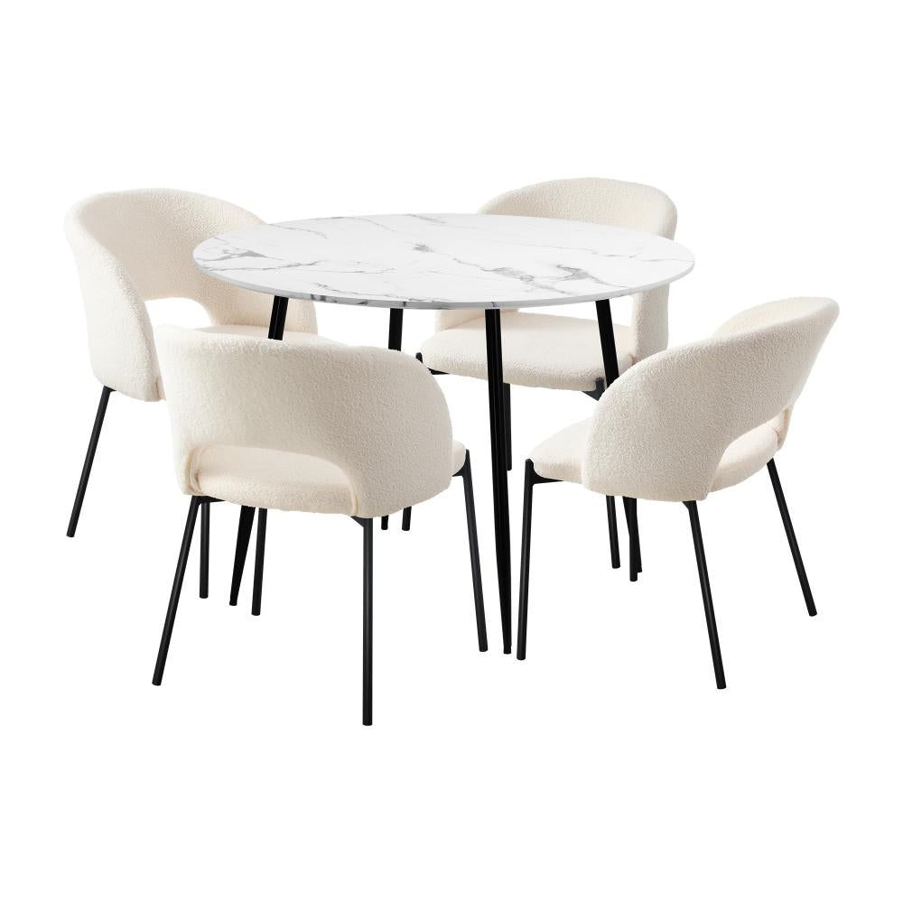 Oikiture 110cm Round Dining Table with 4PCS Dining Chairs Sherpa White-Dining Table and Chairs-PEROZ Accessories