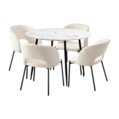 Oikiture 110cm Round Dining Table with 4PCS Dining Chairs Sherpa White-Dining Table and Chairs-PEROZ Accessories