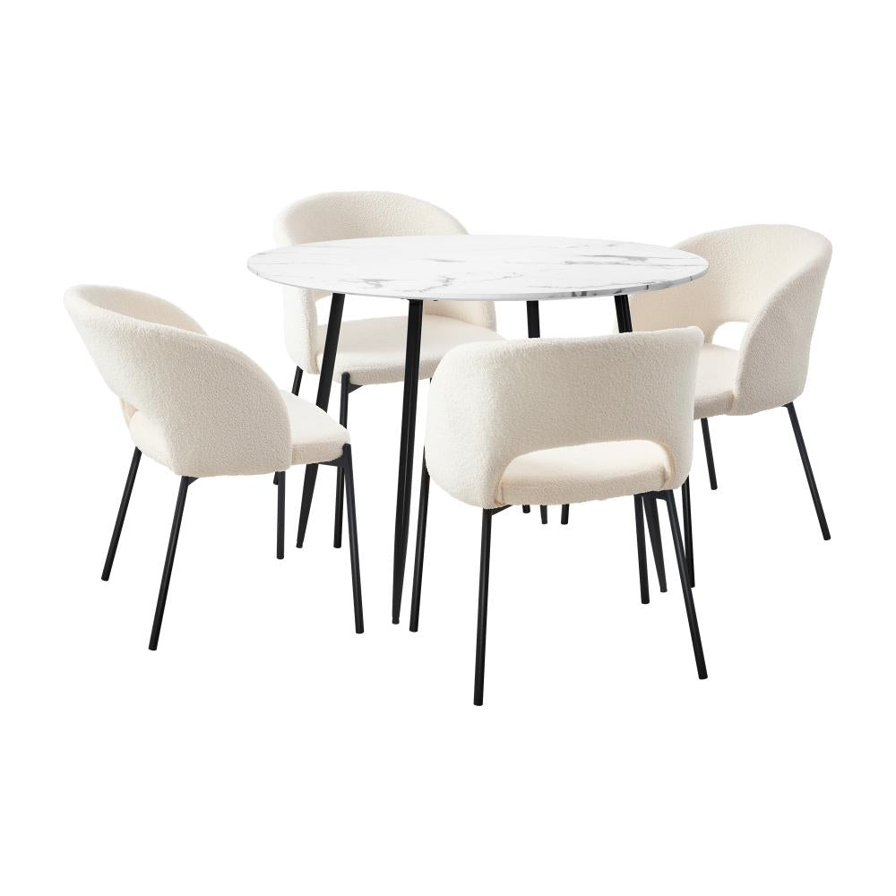 Oikiture 110cm Round Dining Table with 4PCS Dining Chairs Sherpa White-Dining Table and Chairs-PEROZ Accessories
