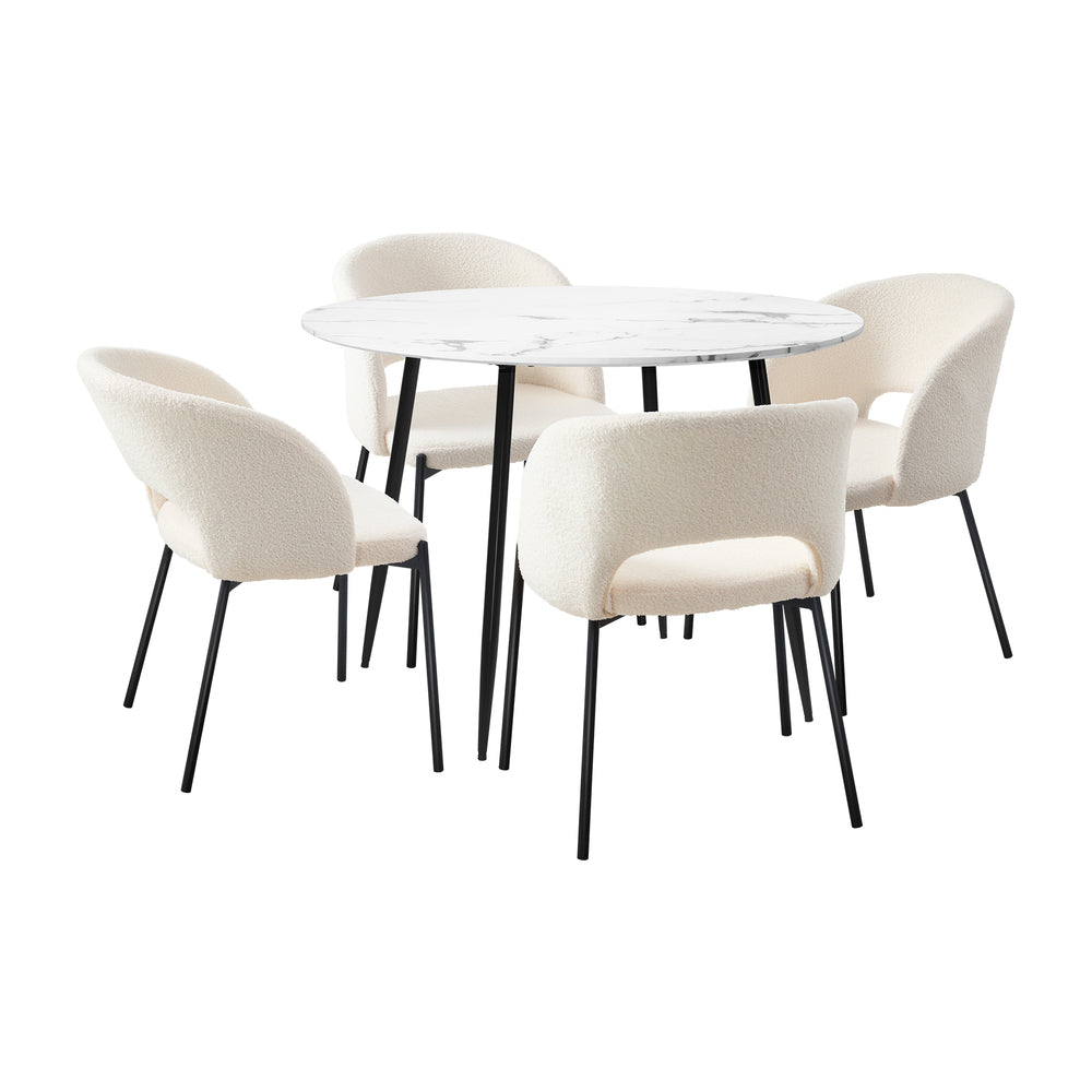 Oikiture 110cm Round Dining Table with 4PCS Dining Chairs Sherpa White-Dining Table and Chairs-PEROZ Accessories