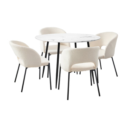 Oikiture 110cm Round Dining Table with 4PCS Dining Chairs Sherpa White-Dining Table and Chairs-PEROZ Accessories