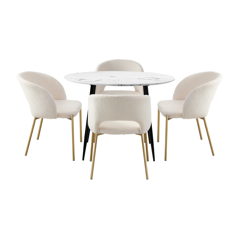 Oikiture 110cm Round Dining Table with 4PCS Dining Chairs Sherpa Gold-Dining Sets-PEROZ Accessories