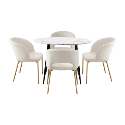 Oikiture 110cm Round Dining Table with 4PCS Dining Chairs Sherpa Gold-Dining Sets-PEROZ Accessories
