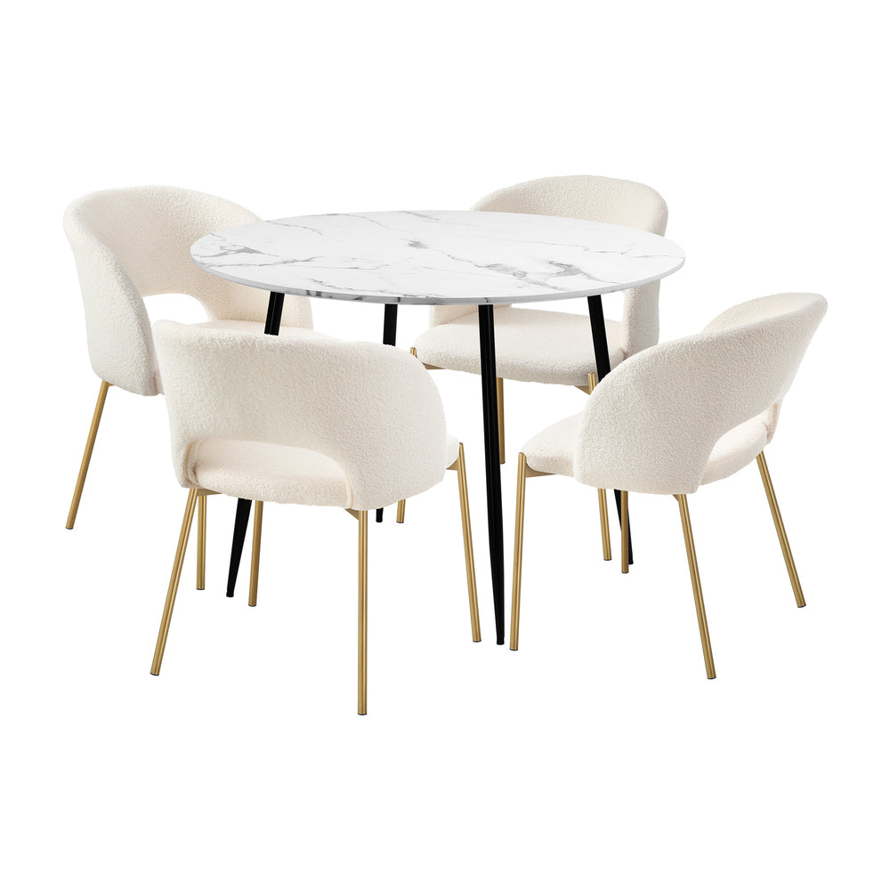 Oikiture 110cm Round Dining Table with 4PCS Dining Chairs Sherpa Gold-Dining Sets-PEROZ Accessories