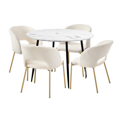 Oikiture 110cm Round Dining Table with 4PCS Dining Chairs Sherpa Gold-Dining Sets-PEROZ Accessories