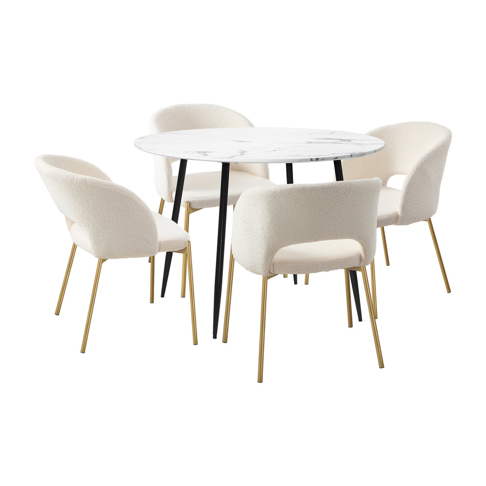 Oikiture 110cm Round Dining Table with 4PCS Dining Chairs Sherpa Gold-Dining Sets-PEROZ Accessories