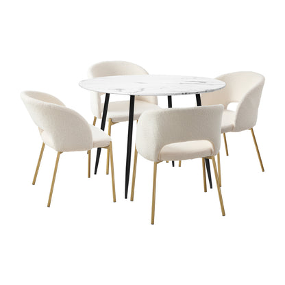 Oikiture 110cm Round Dining Table with 4PCS Dining Chairs Sherpa Gold-Dining Sets-PEROZ Accessories
