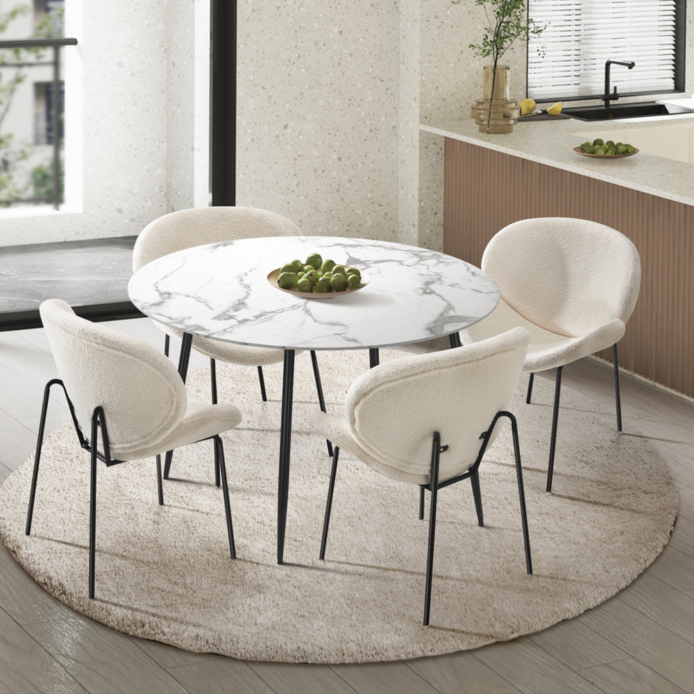 Oikiture 110cm Round Dining Table with 4PCS Chairs White Sherpa-Dining Sets-PEROZ Accessories