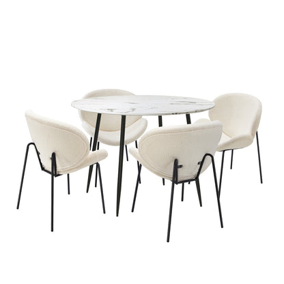 Oikiture 110cm Round Dining Table with 4PCS Chairs White Sherpa-Dining Sets-PEROZ Accessories