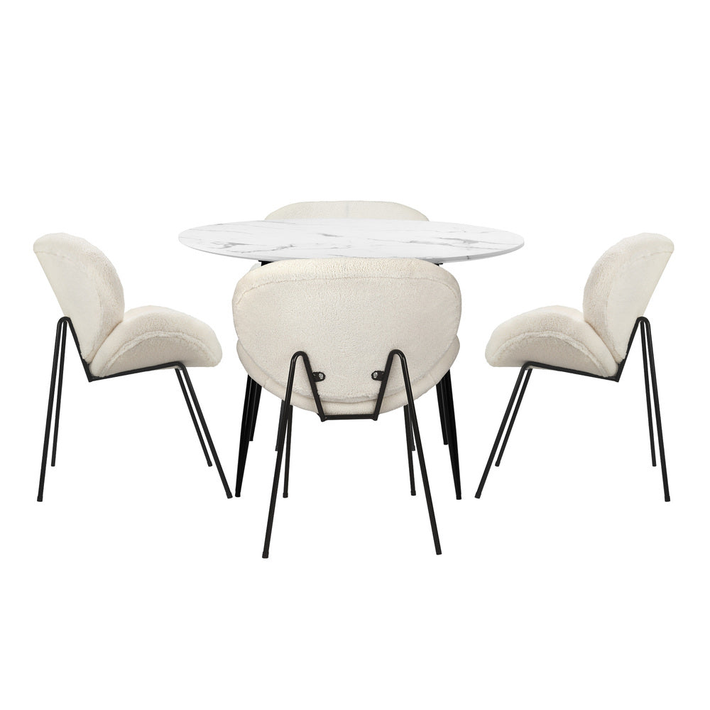 Oikiture 110cm Round Dining Table with 4PCS Chairs White Sherpa-Dining Sets-PEROZ Accessories