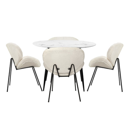 Oikiture 110cm Round Dining Table with 4PCS Chairs White Sherpa-Dining Sets-PEROZ Accessories