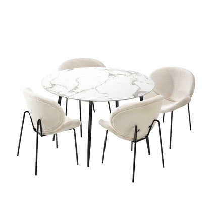 Oikiture 110cm Round Dining Table with 4PCS Chairs White Sherpa-Dining Sets-PEROZ Accessories