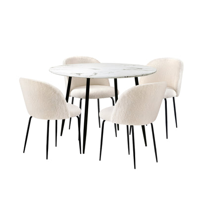 Oikiture Round Dining Table &amp; 4PCS Dining Chairs White Sherpa-Dining Sets-PEROZ Accessories