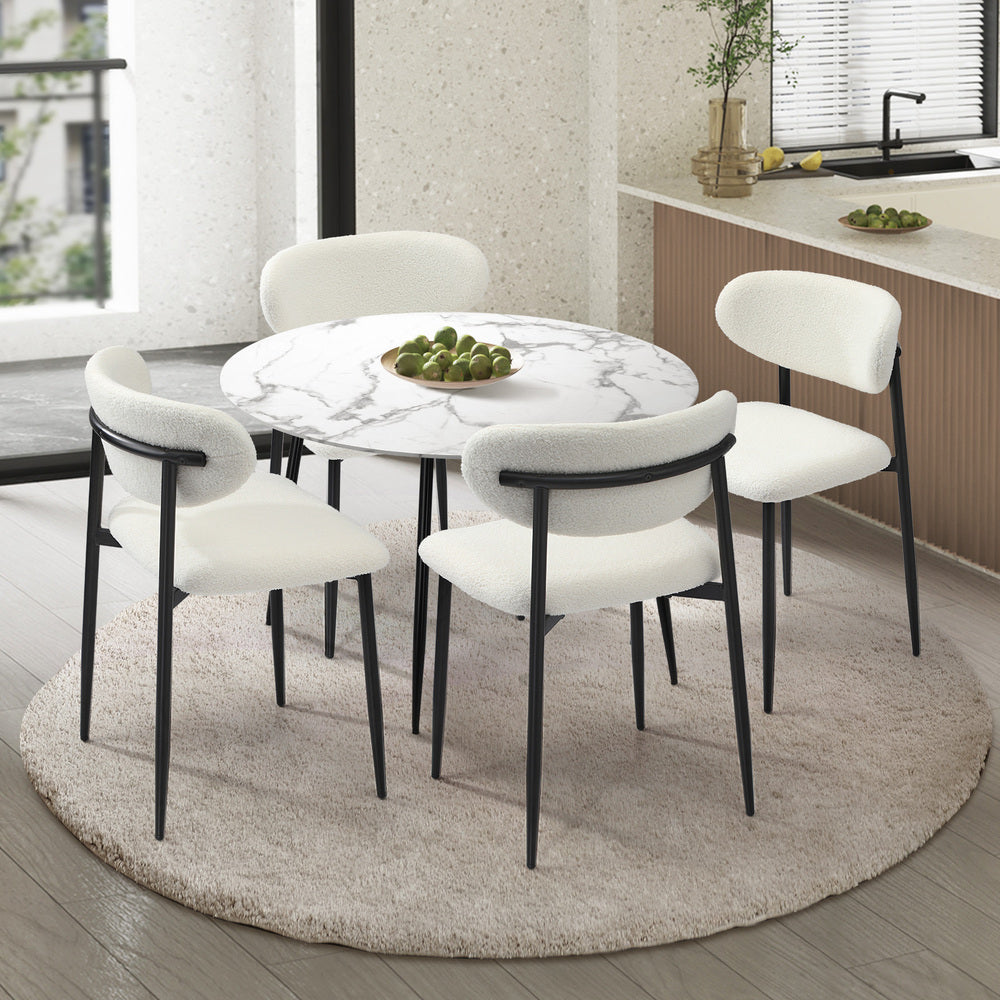 Oikiture 110cm Round Dining Table with 4x Dining Chairs Boucle Black &amp; White-Dining Set-PEROZ Accessories