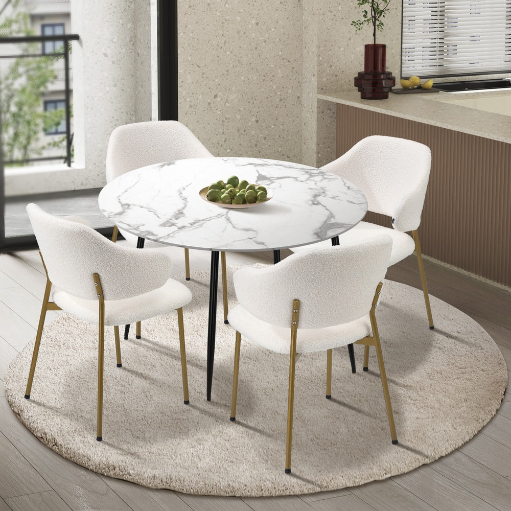 Oikiture 110cm Round Dining Table with 4PCS Chairs Sherpa Gold-Dining Set-PEROZ Accessories