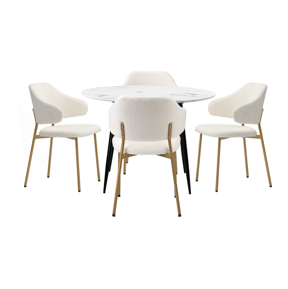 Oikiture 110cm Round Dining Table with 4PCS Chairs Sherpa Gold-Dining Set-PEROZ Accessories