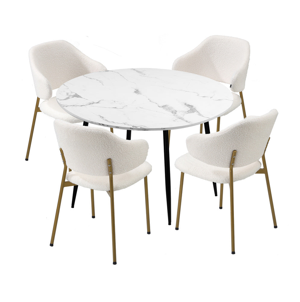 Oikiture 110cm Round Dining Table with 4PCS Chairs Sherpa Gold-Dining Set-PEROZ Accessories
