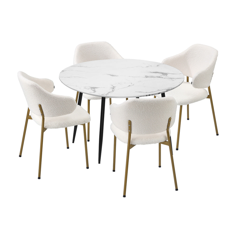 Oikiture 110cm Round Dining Table with 4PCS Chairs Sherpa Gold-Dining Set-PEROZ Accessories