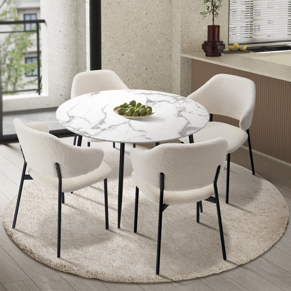 Oikiture Round Dining Table with 4PCS Chairs Sherpa White-Dining Sets-PEROZ Accessories