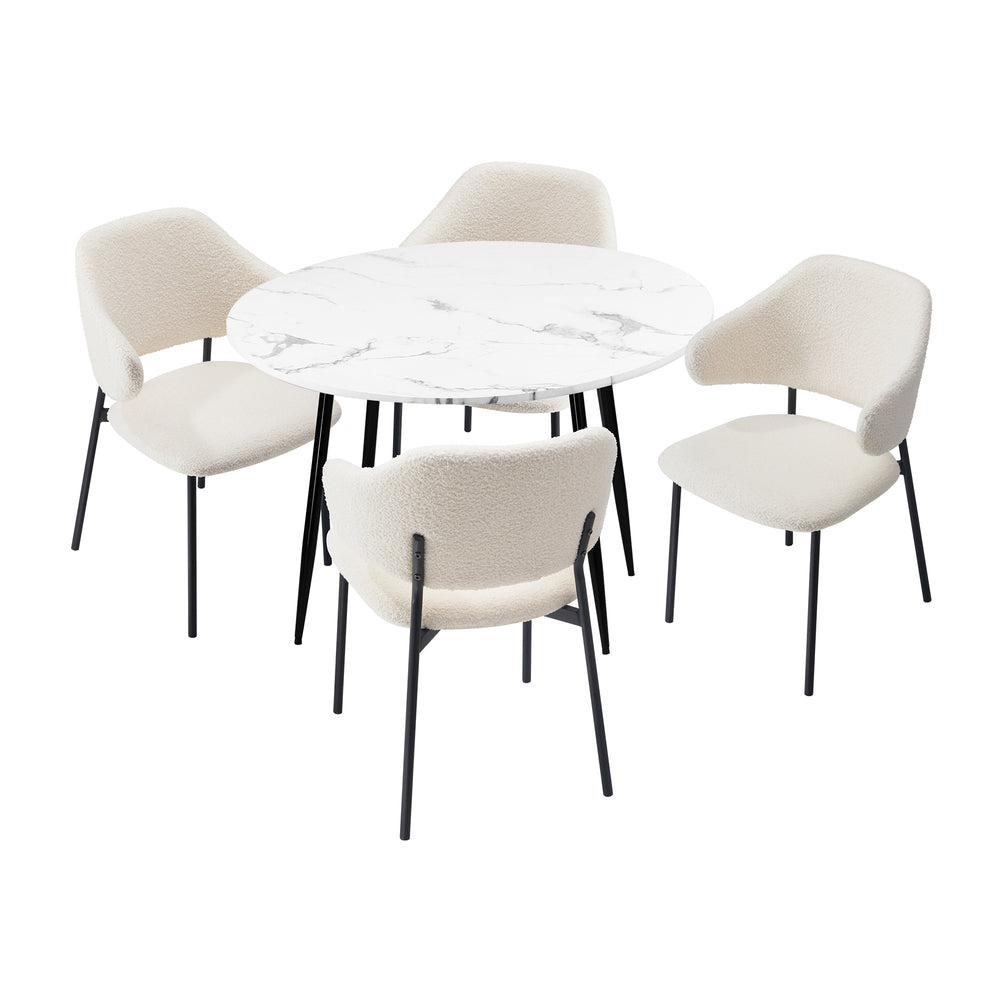 Oikiture Round Dining Table with 4PCS Chairs Sherpa White-Dining Sets-PEROZ Accessories