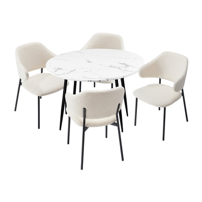 Oikiture Round Dining Table with 4PCS Chairs Sherpa White-Dining Sets-PEROZ Accessories