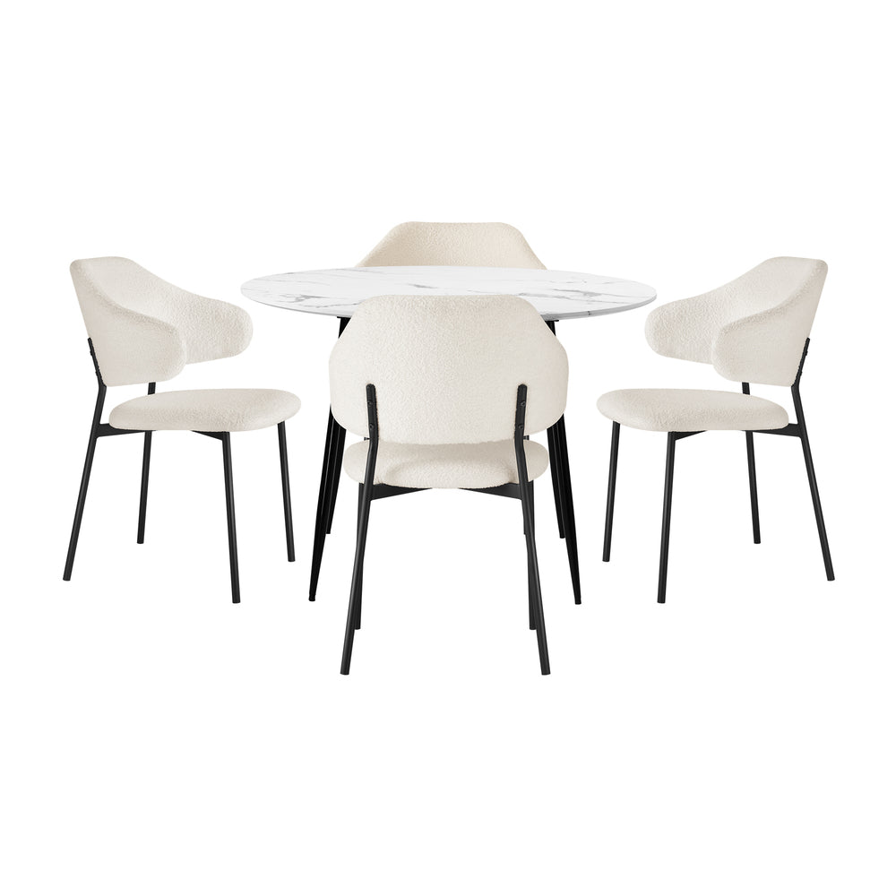 Oikiture Round Dining Table with 4PCS Chairs Sherpa White-Dining Sets-PEROZ Accessories