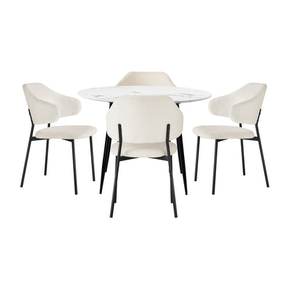 Oikiture Round Dining Table with 4PCS Chairs Sherpa White-Dining Sets-PEROZ Accessories