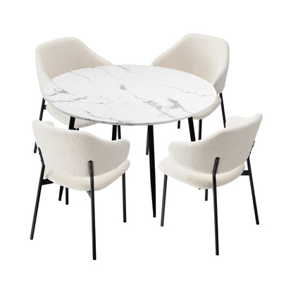 Oikiture Round Dining Table with 4PCS Chairs Sherpa White-Dining Sets-PEROZ Accessories