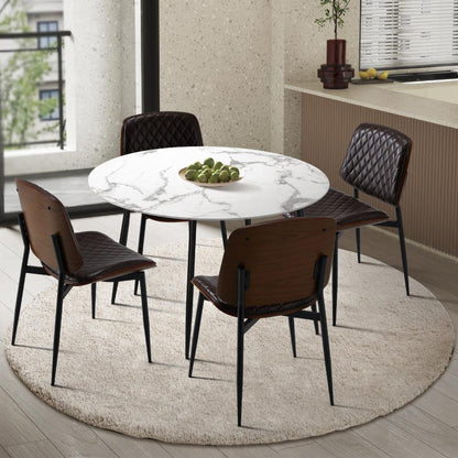 Oikiture Round Dining Table &amp; 4PCS Dining Chairs PU Walnut-Dining Sets-PEROZ Accessories