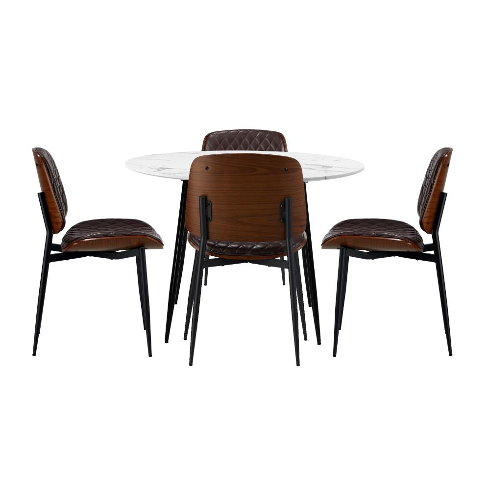 Oikiture Round Dining Table &amp; 4PCS Dining Chairs PU Walnut-Dining Sets-PEROZ Accessories
