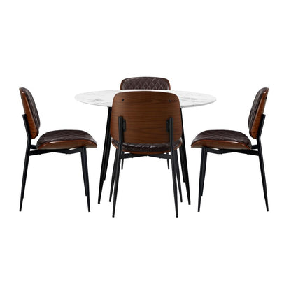 Oikiture Round Dining Table &amp; 4PCS Dining Chairs PU Walnut-Dining Sets-PEROZ Accessories