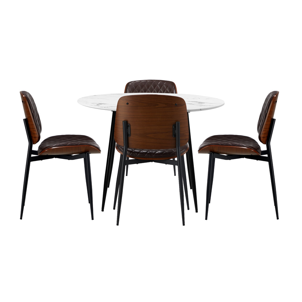 Oikiture Round Dining Table &amp; 4PCS Dining Chairs PU Walnut-Dining Sets-PEROZ Accessories