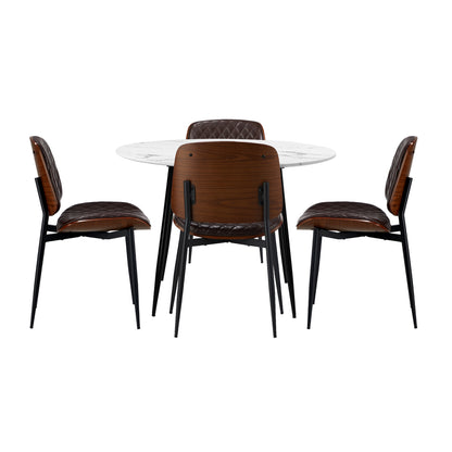 Oikiture Round Dining Table &amp; 4PCS Dining Chairs PU Walnut-Dining Sets-PEROZ Accessories