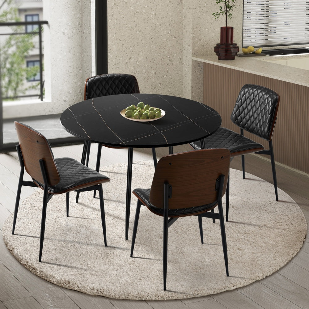 Oikiture 110cm Round Dining Table with 4PCS Dining Chairs Leather Black-Dining Set-PEROZ Accessories