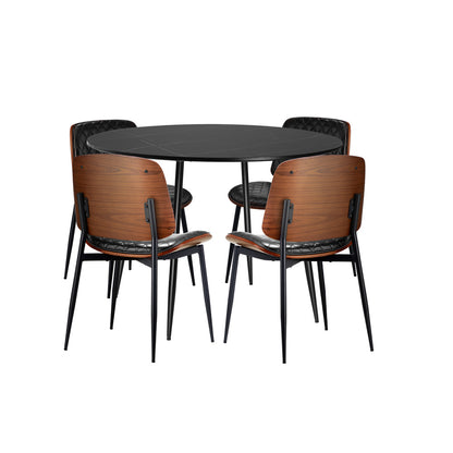 Oikiture 110cm Round Dining Table with 4PCS Dining Chairs Leather Black-Dining Set-PEROZ Accessories