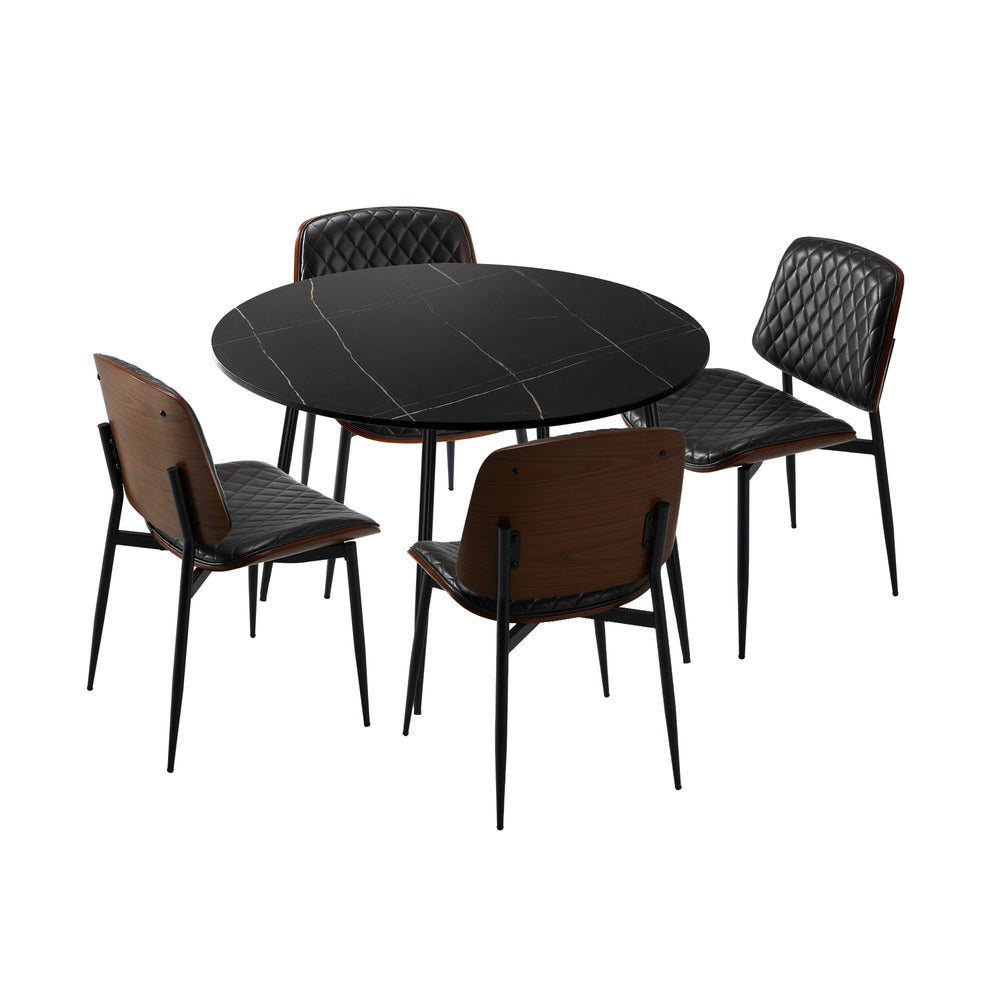 Oikiture 110cm Round Dining Table with 4PCS Dining Chairs Leather Black-Dining Set-PEROZ Accessories