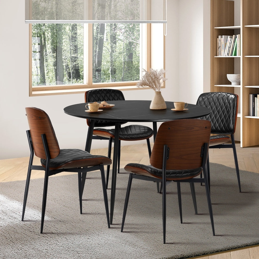 Oikiture 110cm Round Dining Table with 4PCS Dining Chairs Leather Black-Dining Set-PEROZ Accessories