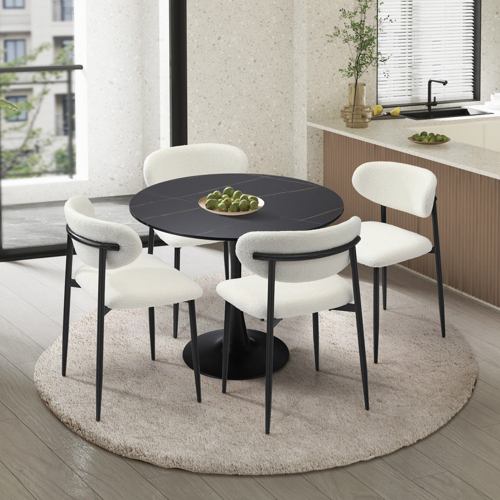 Oikiture 90cm Round Dining Table with 4x Dining Chairs Boucle Black &amp; White-Dining Set-PEROZ Accessories