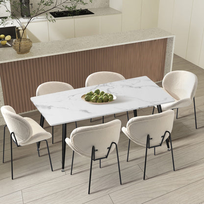 Oikiture 120cm Rectangle Dining Table with 6 Chairs Sherpa White-Dining Set-PEROZ Accessories