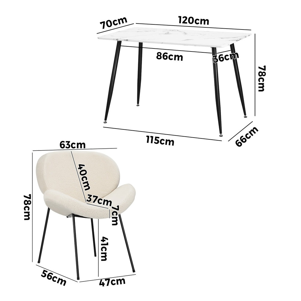 Oikiture 120cm Rectangle Dining Table with 6 Chairs Sherpa White-Dining Set-PEROZ Accessories