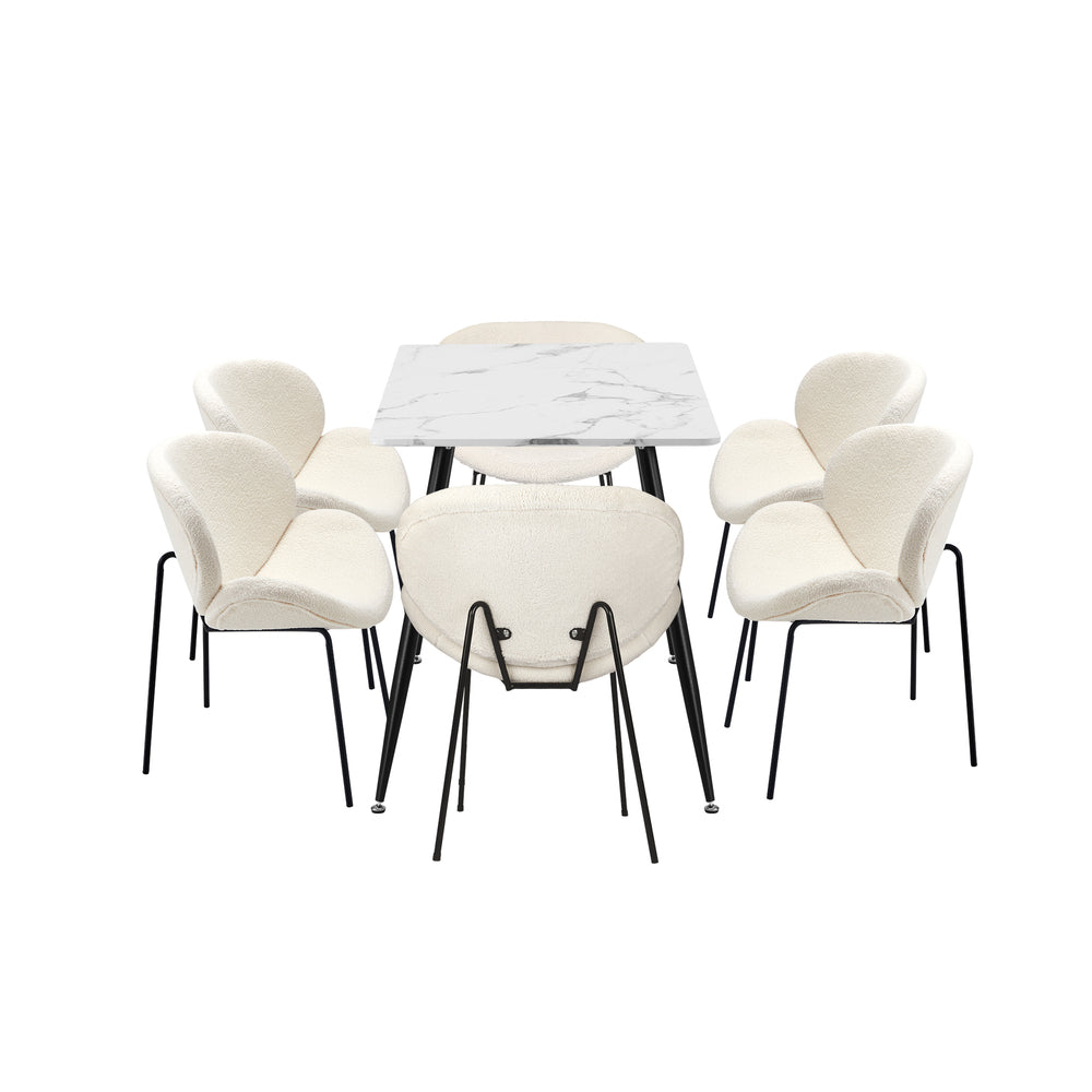 Oikiture 120cm Rectangle Dining Table with 6 Chairs Sherpa White-Dining Set-PEROZ Accessories