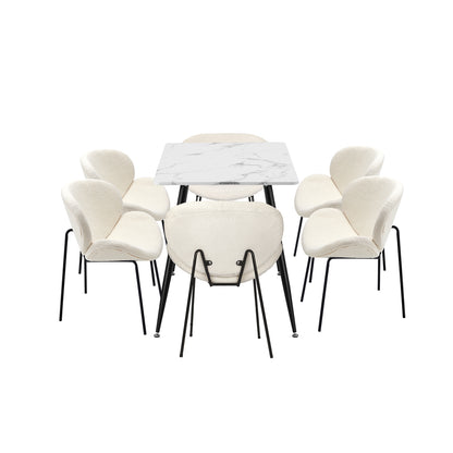Oikiture 120cm Rectangle Dining Table with 6 Chairs Sherpa White-Dining Set-PEROZ Accessories