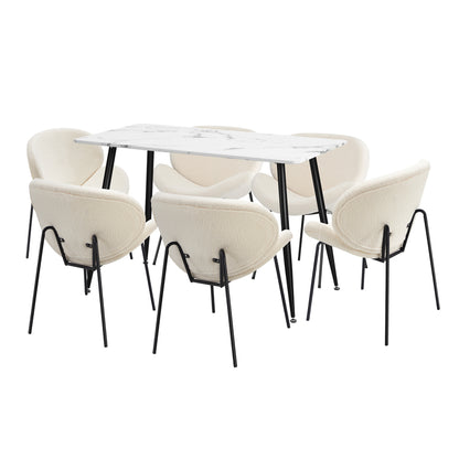 Oikiture 120cm Rectangle Dining Table with 6 Chairs Sherpa White-Dining Set-PEROZ Accessories