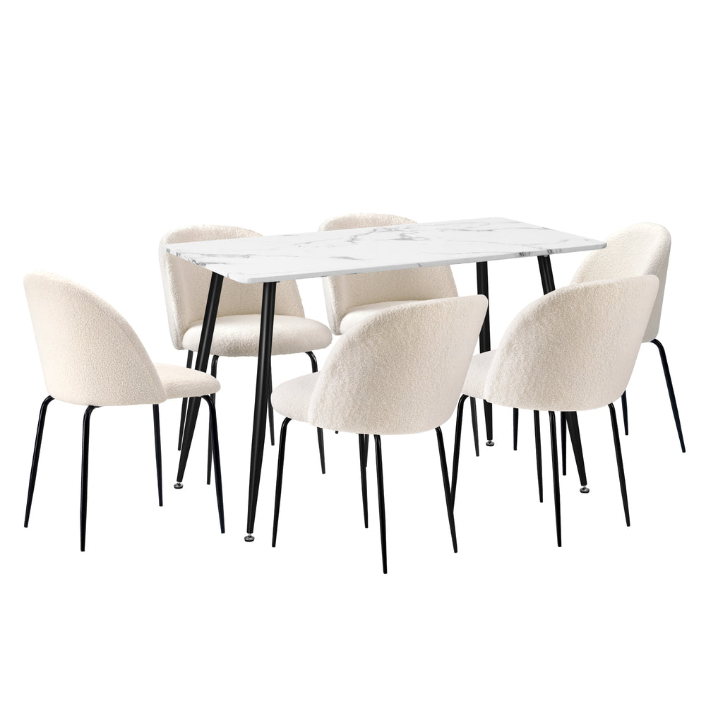 Oikiture 120cm Rectangle Dining Table with 6PCS Chairs White Sherpa-Dining Set-PEROZ Accessories