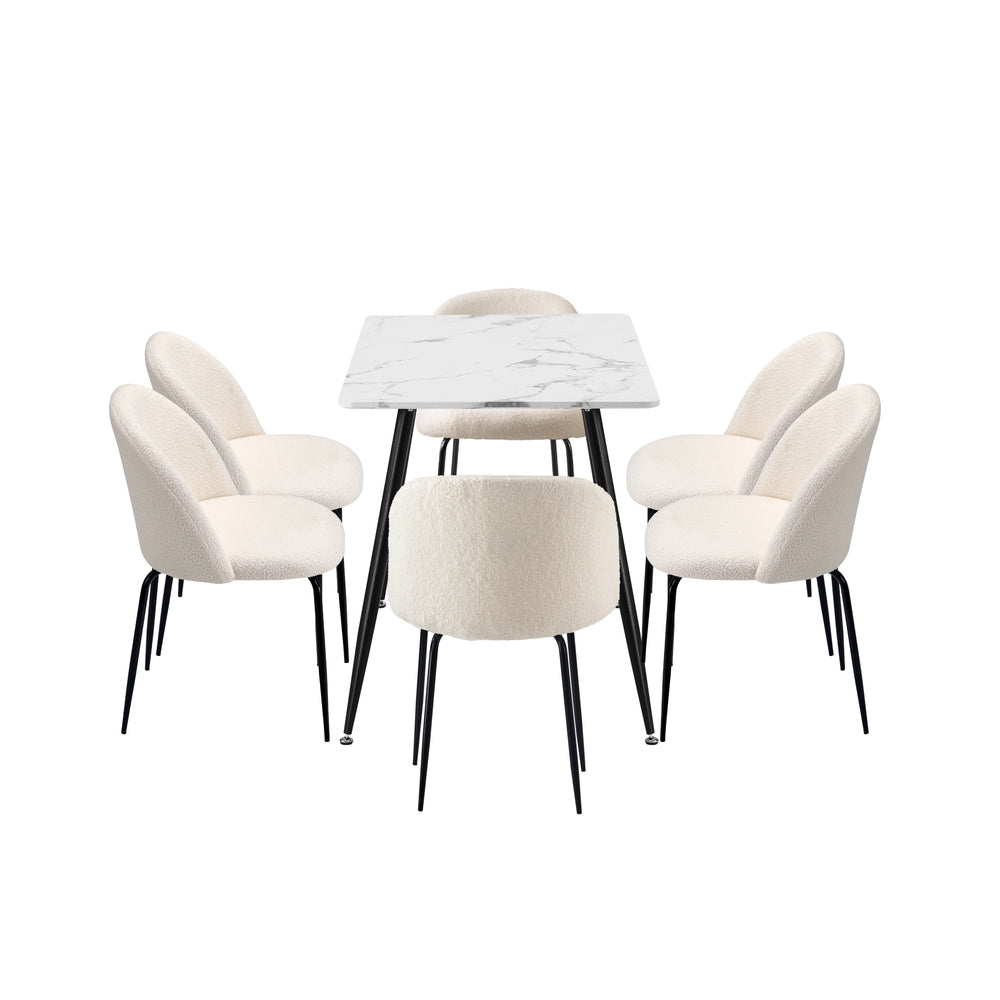 Oikiture 120cm Rectangle Dining Table with 6PCS Chairs White Sherpa-Dining Set-PEROZ Accessories