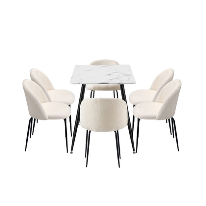 Oikiture 120cm Rectangle Dining Table with 6PCS Chairs White Sherpa-Dining Set-PEROZ Accessories