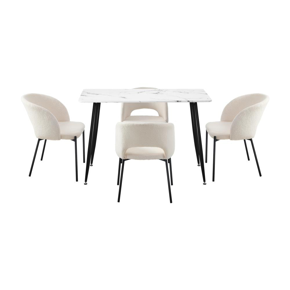 Oikiture 120cm Rectangle Dining Table with 4PCS Dining Chairs Sherpa White-Dining Table and Chairs-PEROZ Accessories
