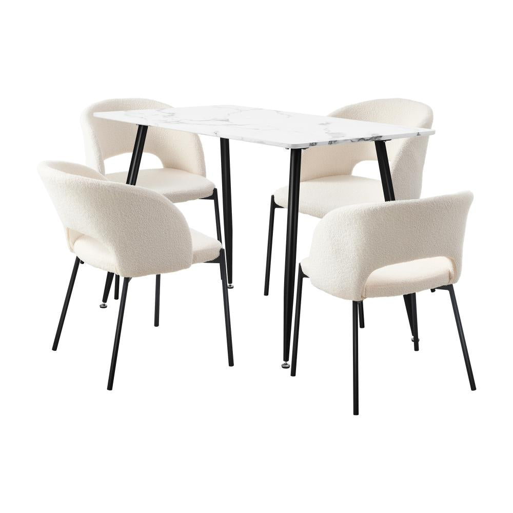 Oikiture 120cm Rectangle Dining Table with 4PCS Dining Chairs Sherpa White-Dining Table and Chairs-PEROZ Accessories