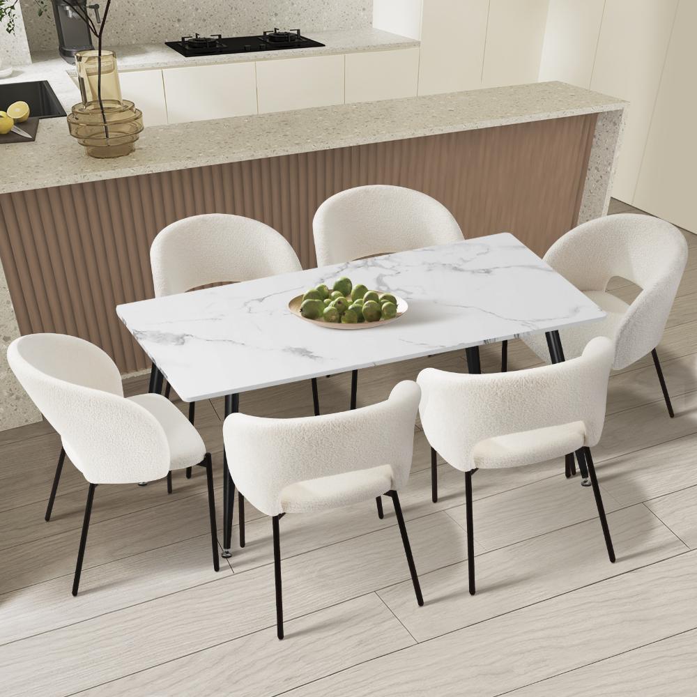 Oikiture 120cm Rectangle Dining Table with 6PCS Dining Chairs Sherpa White-Dining Table and Chairs-PEROZ Accessories
